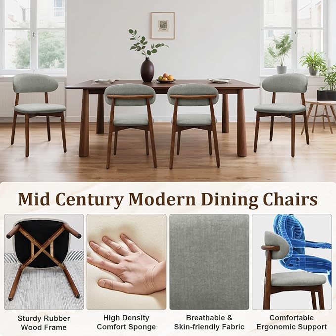 Farmhouse Dining Chairs Set of 6, Mid Century Modern Fabric Upholstered Kitch...