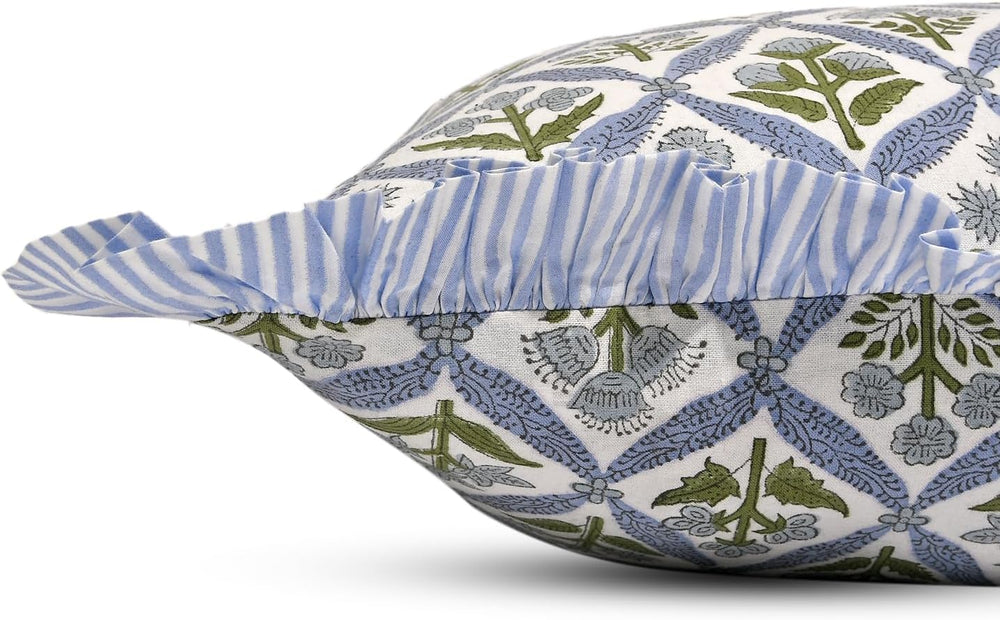 Ridhi Light Steel Blue Floral Block Print Throw Pillow Covers 18 x 18 Inch (S...