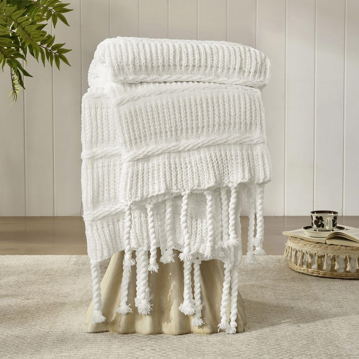 Chenille Blanket Knitted Tassels Boho, Cloud White, 50"x60" Throw