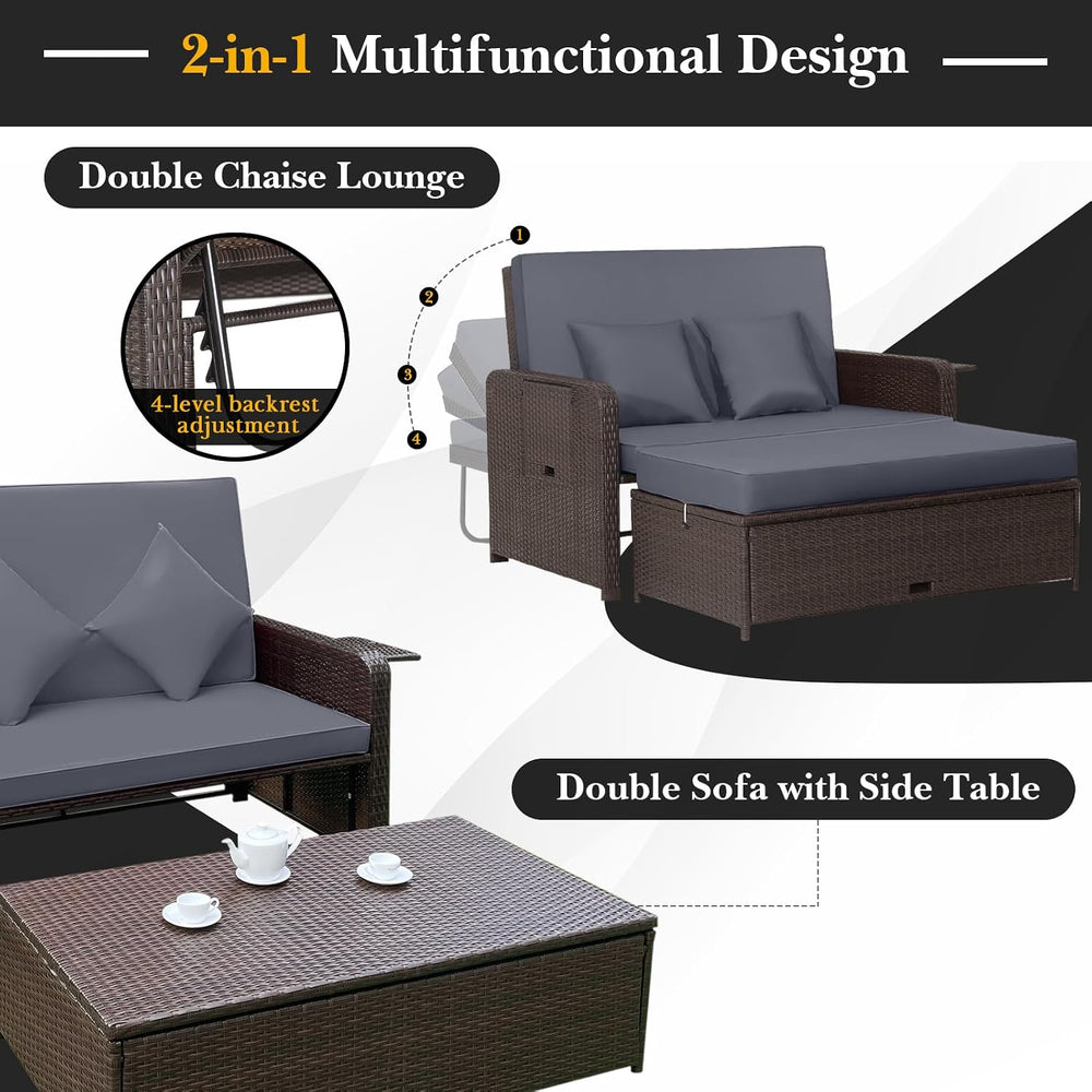 COSTWAY Patio Rattan Daybed with Cushions, Outdoor Wicker Loveseat Sofa