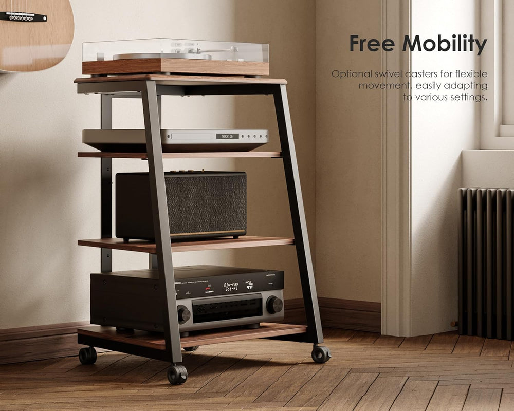 FITUEYES 4-Tier AV Media Stand Corner Shelf for Record Player Wooden Stereo C...