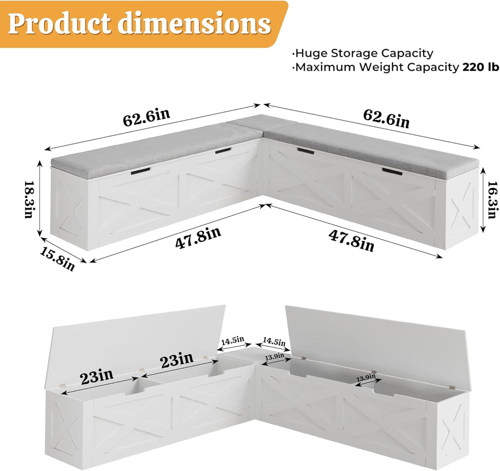 Bobve L-Shape Storage Bench with Cushion, Backless Corner Dining Bench, Kitch...