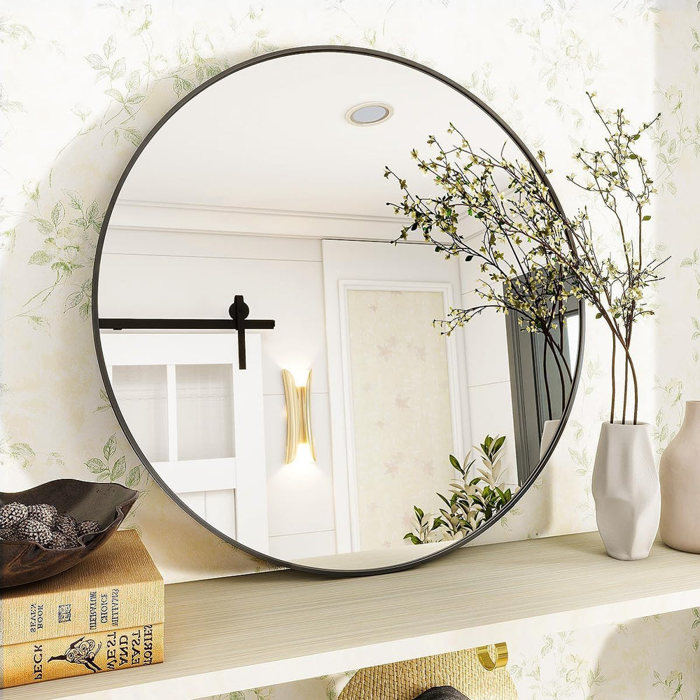 VooBang Black Round Bathroom Mirror 30", Thin Metal Frame Wall Mirror