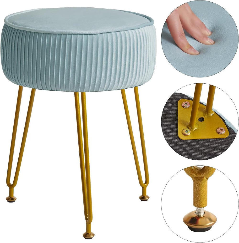 IBUYKE Makeup Vanity Stool, Velvet Round Footrest Ottoman, Blue LG-30H