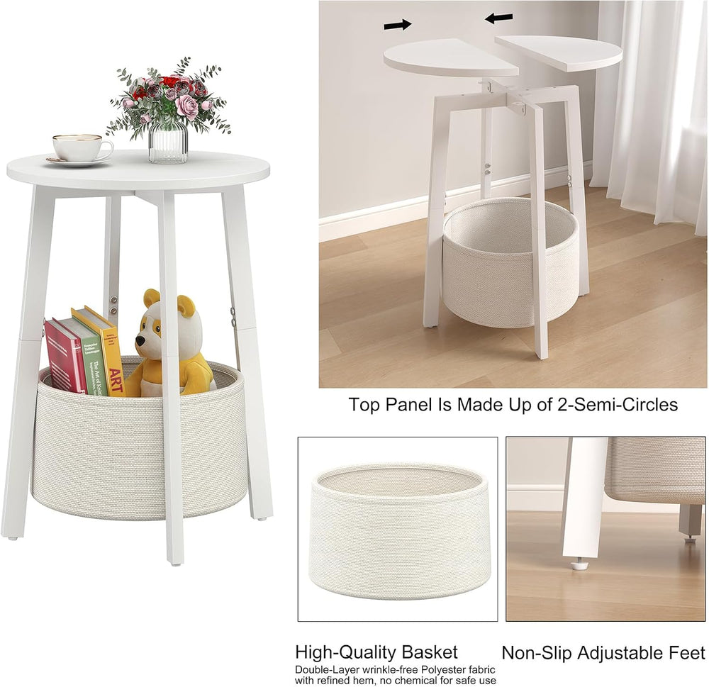 sthmec Small Round Side End Table with Cloth Storage Basket, Round Bedside So...