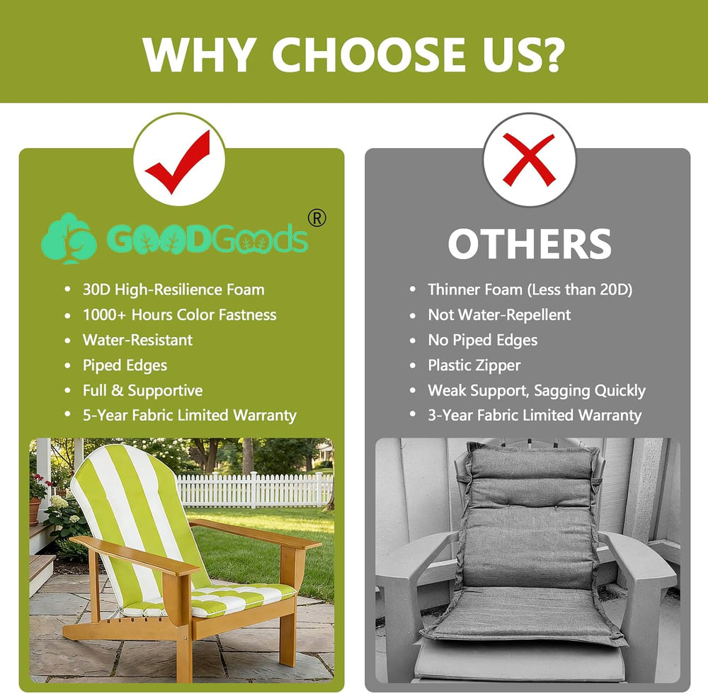 Goodgoods 20x50 Adirondack Chair Cushions 2-Pack, 30D Foam, Green Stripes