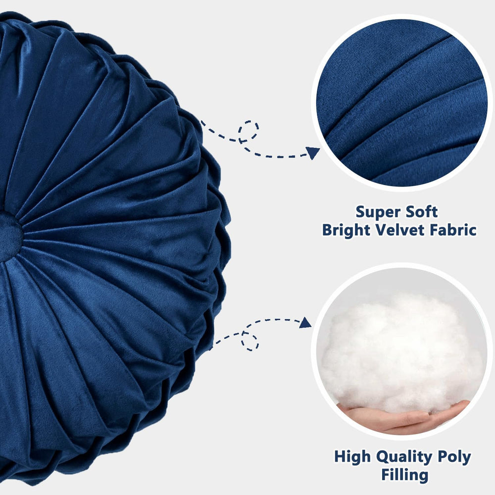 HIG Set of 2 Navy Velvet Decorative Round Pleated Throw Pillows