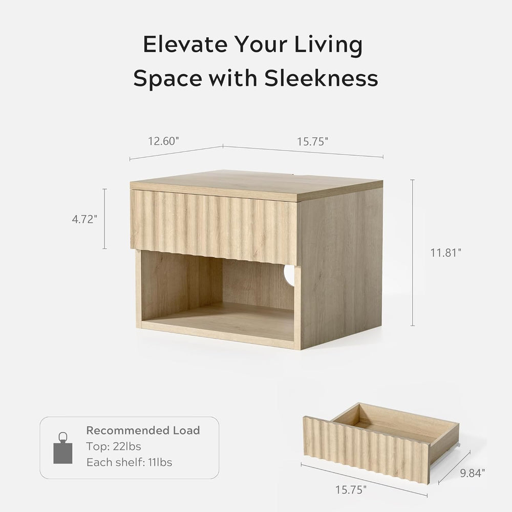 Floating Nightstand Set of 2 with Drawer, Fluted Modern Night Stand with Flut...