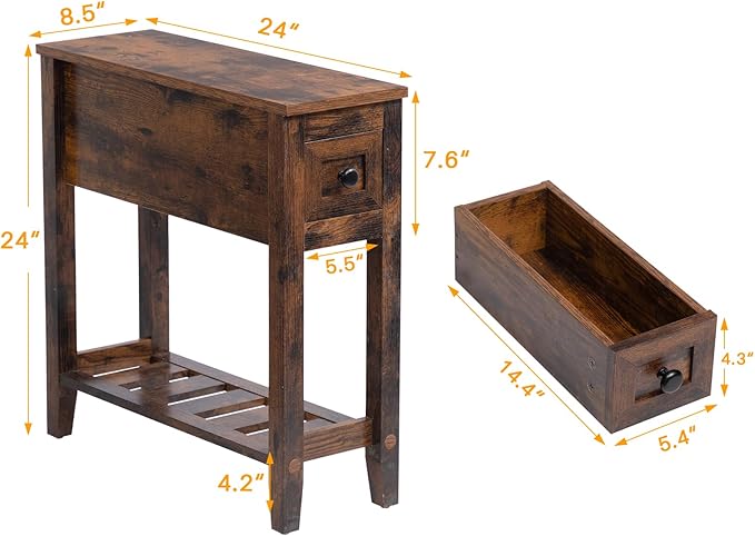 Brown 2 Pack Chairside Narrow End Table with Drawer, Solid Recliner Side Tabl...