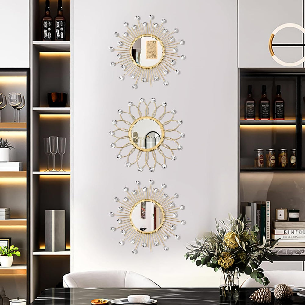 3 Pack Metal Mirrors for Wall Sunburst Wall Mirror Gold Crystal Home Accent