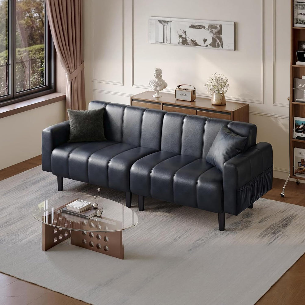 77" Faux Leather Futon Couch,Mid Century Modern Leather Sofa(Black)