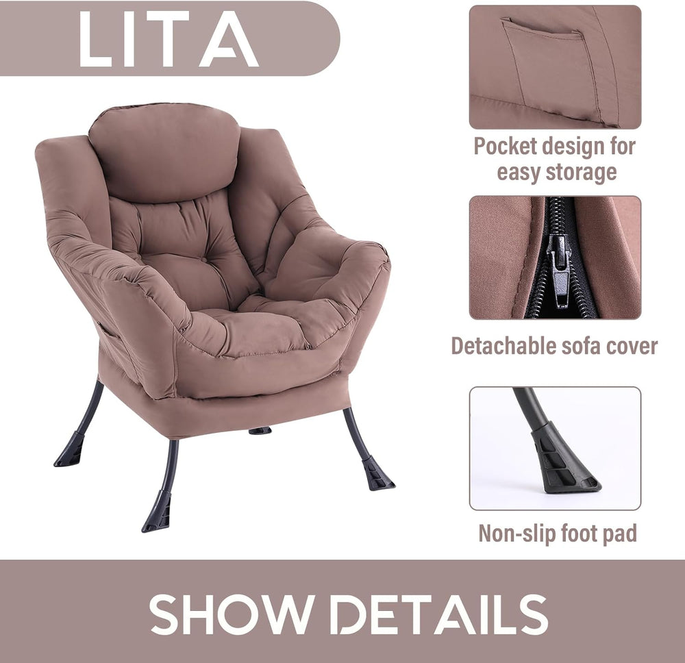 LITA Lazy Chair with Armrests and Side Pocket, Modern Upholstered Accent Read...