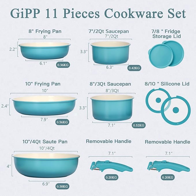 GIPP 11pcs Pots and Pans Set Non Stick, Nonstick Cookware Set Detachable Handle