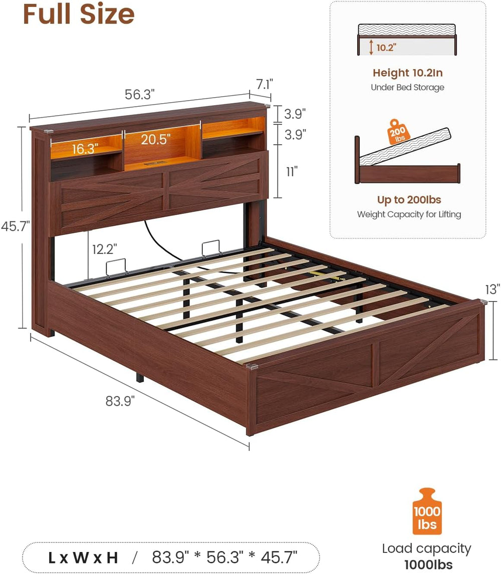 AOGLLATI Farmhouse Full Size Bed Frame with Lift Up Storage,Brown