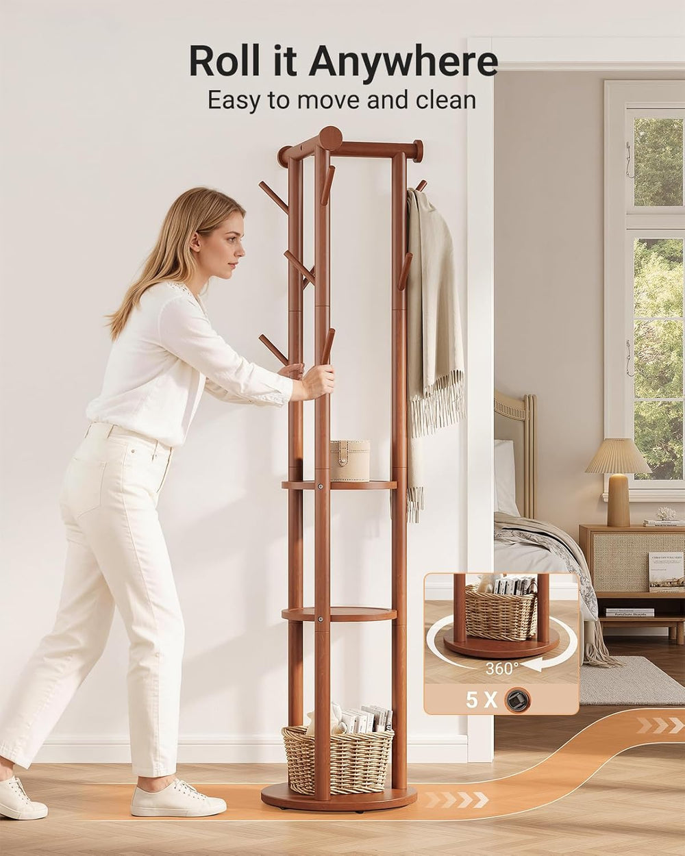 Pipishell Rotary Coat Rack, Solid Wood Coat Rack Freestanding with Wheels, 9 ...