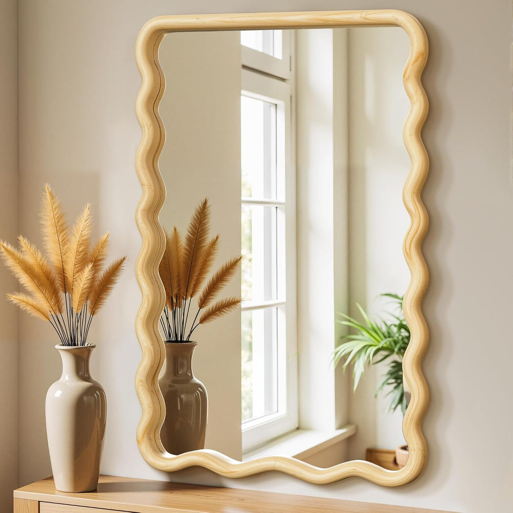 Wavy Wood Bathroom Vanity Mirror, 24"x36" Boho Decorative Wall Mirror