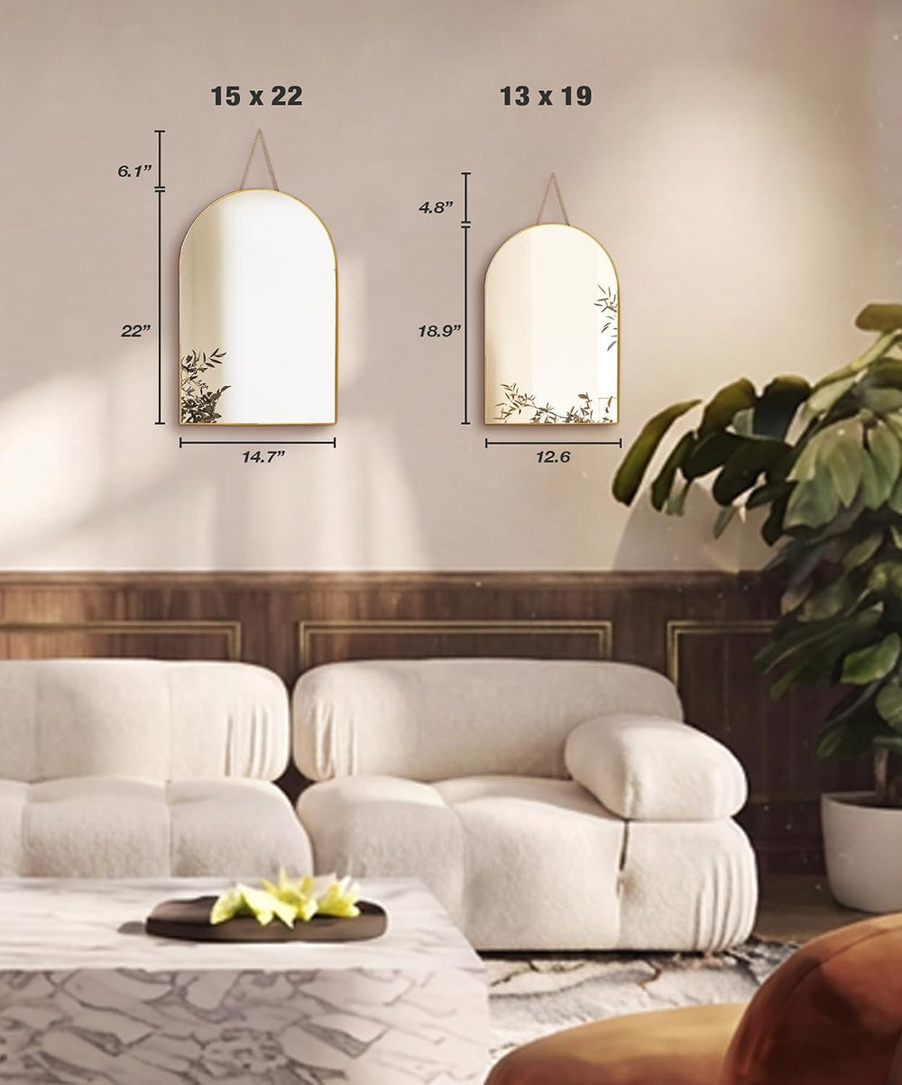 Gold Arched Wall Mirror 13”x19” – Small Vintage Hanging Mirror with Chain