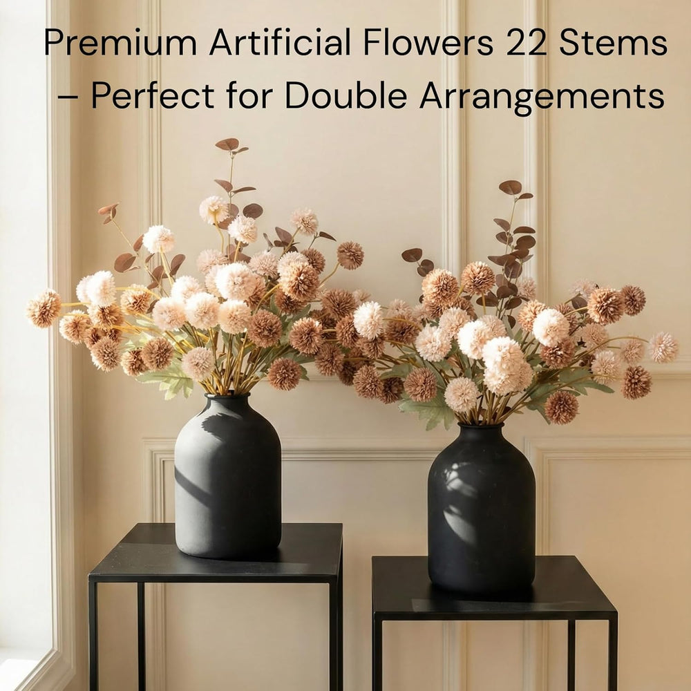 22pcs Artificial Beige & Brown Kiku Flowers with Eucalyptus Stems Bulk, F...