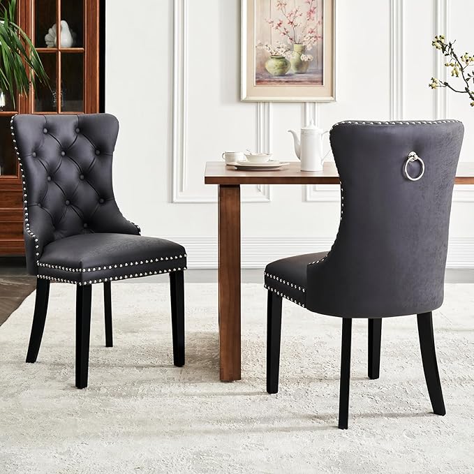 Leather Dining Chair Set of 2, Dining Room Chairs with Nailhead Ring Pull Tri...
