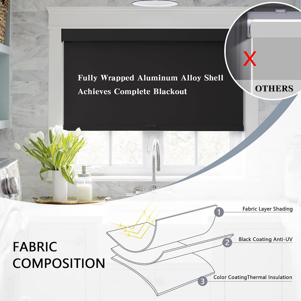 AOSKY Cordless Blackout Roller Shades, 34" W x 72" H, Black