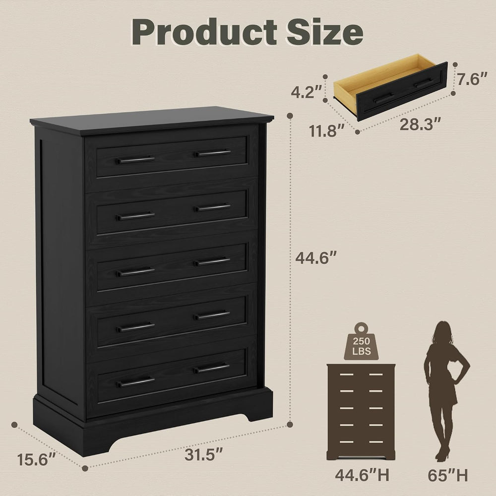 YESHOMY Tall Dresser for Bedroom, Farmhouse 5 Drawers Dressers, Black
