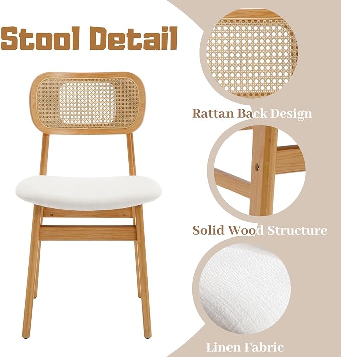 Rattan Dining Chairs Set of 2 Beige Linen Fabric Dining Room Chairs Natural W...