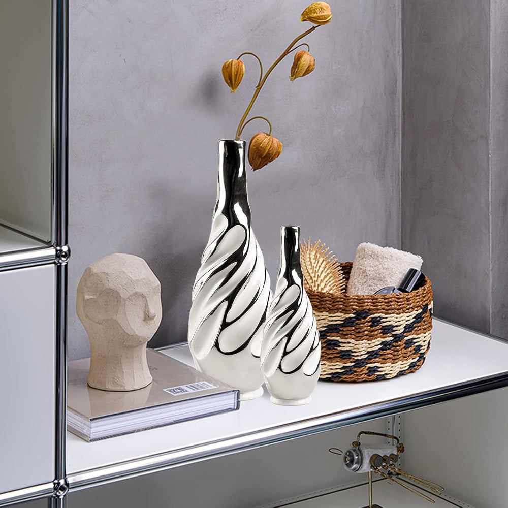 Yundu Ceramic Vase Set of 2, White with Silver, Modern Home Décor, Living Roo...