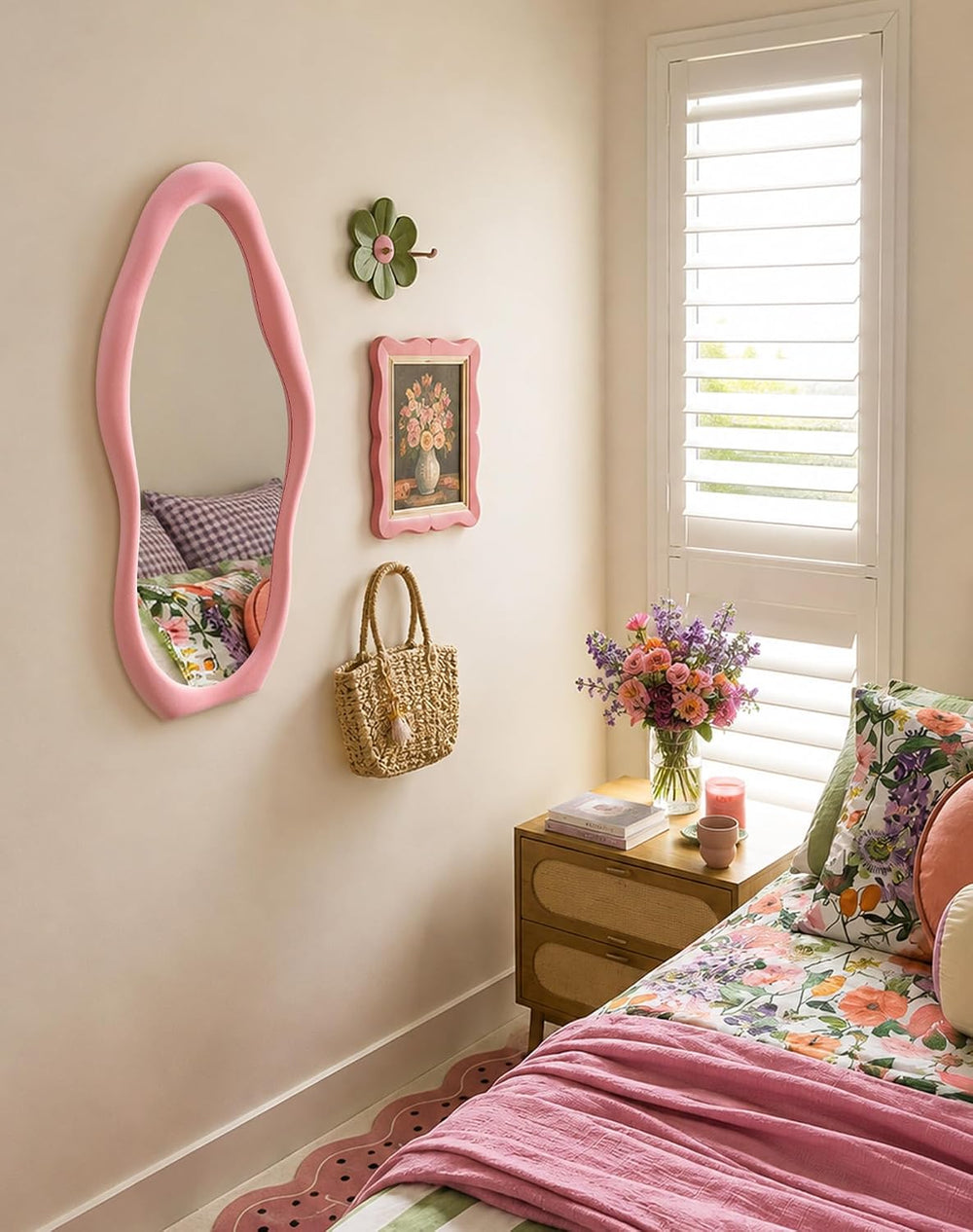 Irregular Wall Mirror Decor for Living Room Hallway,30x14",Soft Pink