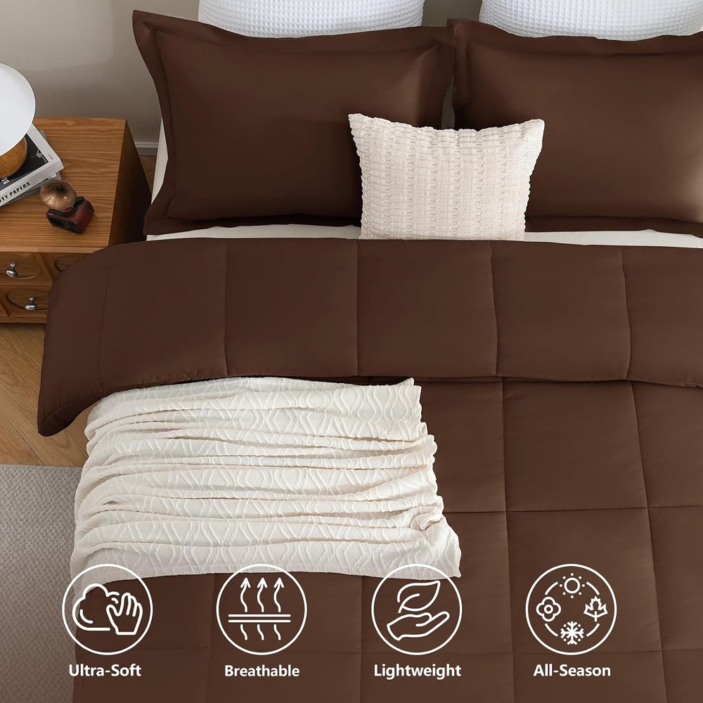 CozyLux Queen Size Comforter Set, 3-Piece Box-Stitched, Brown