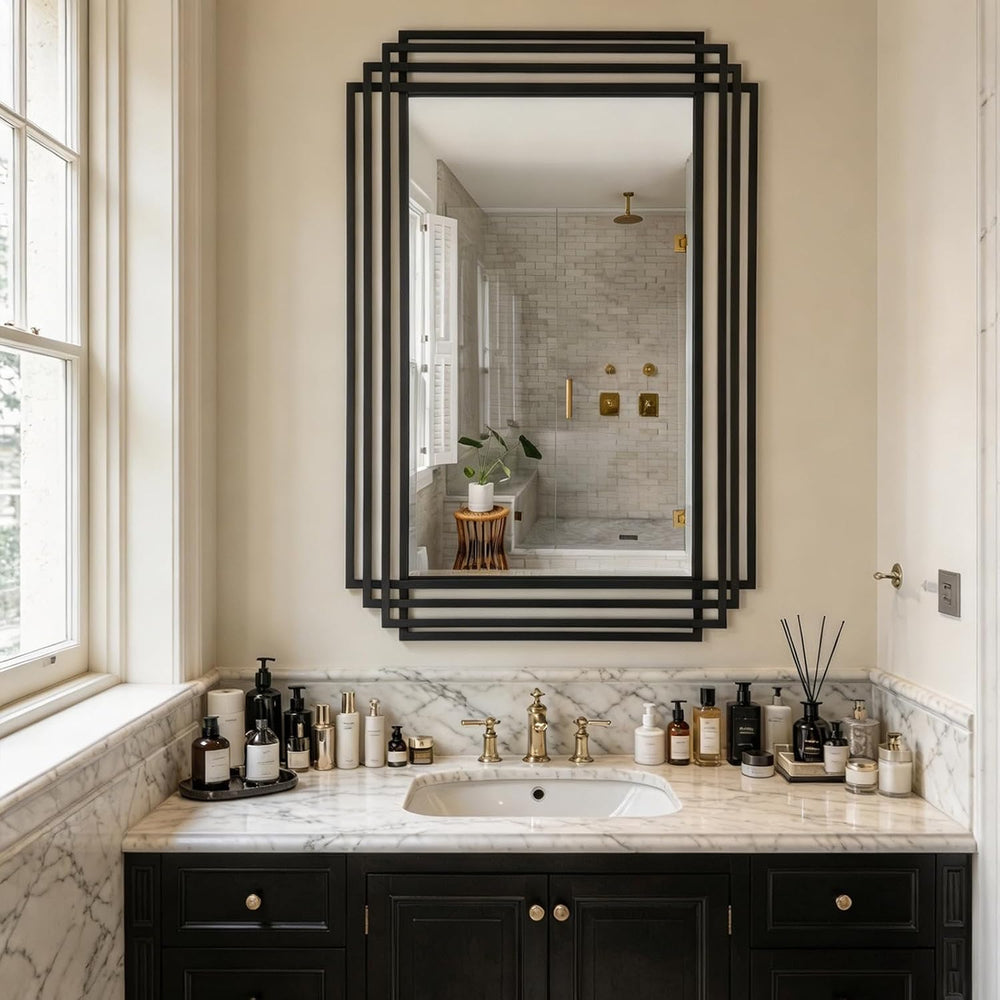36"x24" Rectangle Decorative Mirror with Black Geometric Frame