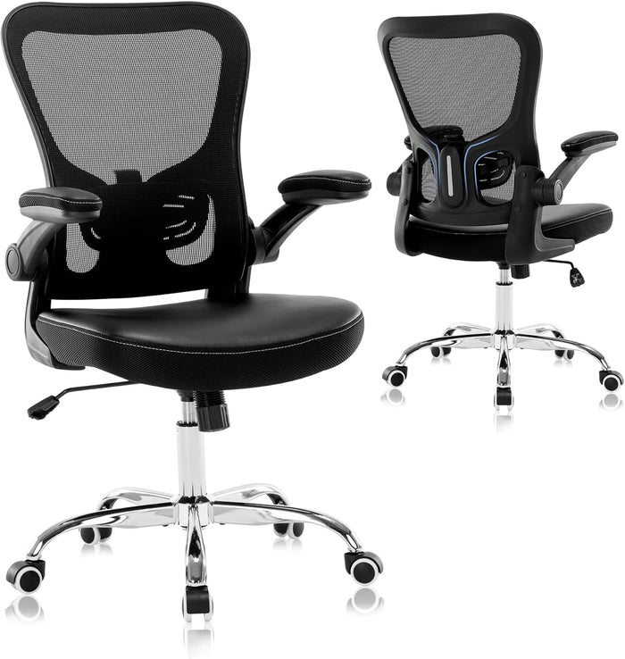 Office Chair, Mesh Ergonomic Desk Computer Chair with PU Leather Flip-up Armrest, Home Task Chair with Lumbar Support, Adjustable Executive Mid Back, Rolling Swivel,Black