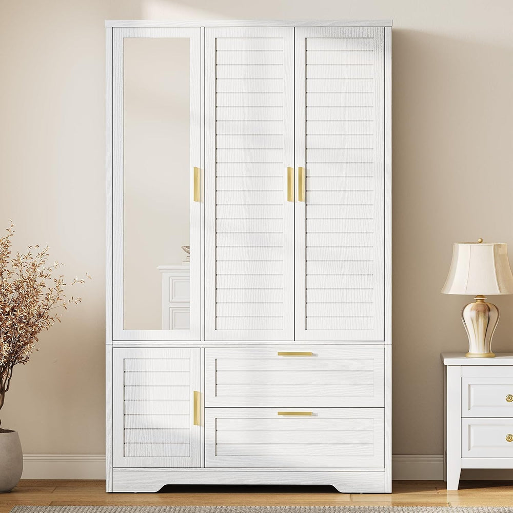 Armoire Wardrobe Closet with Mirror - 71“ Wood Clothing Storage Cabinet, Ward...