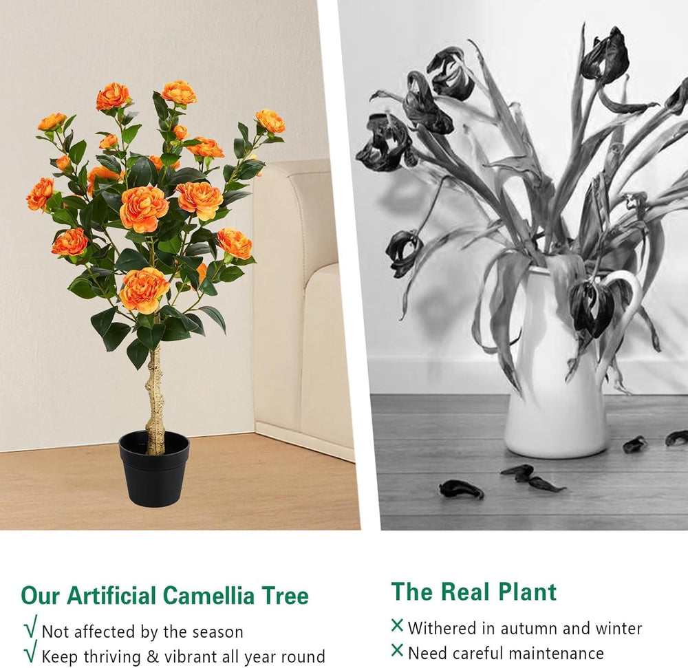Grelen 2 Pack Artificial Flowers Camellia,Fake Plants for Outdoors,3FT