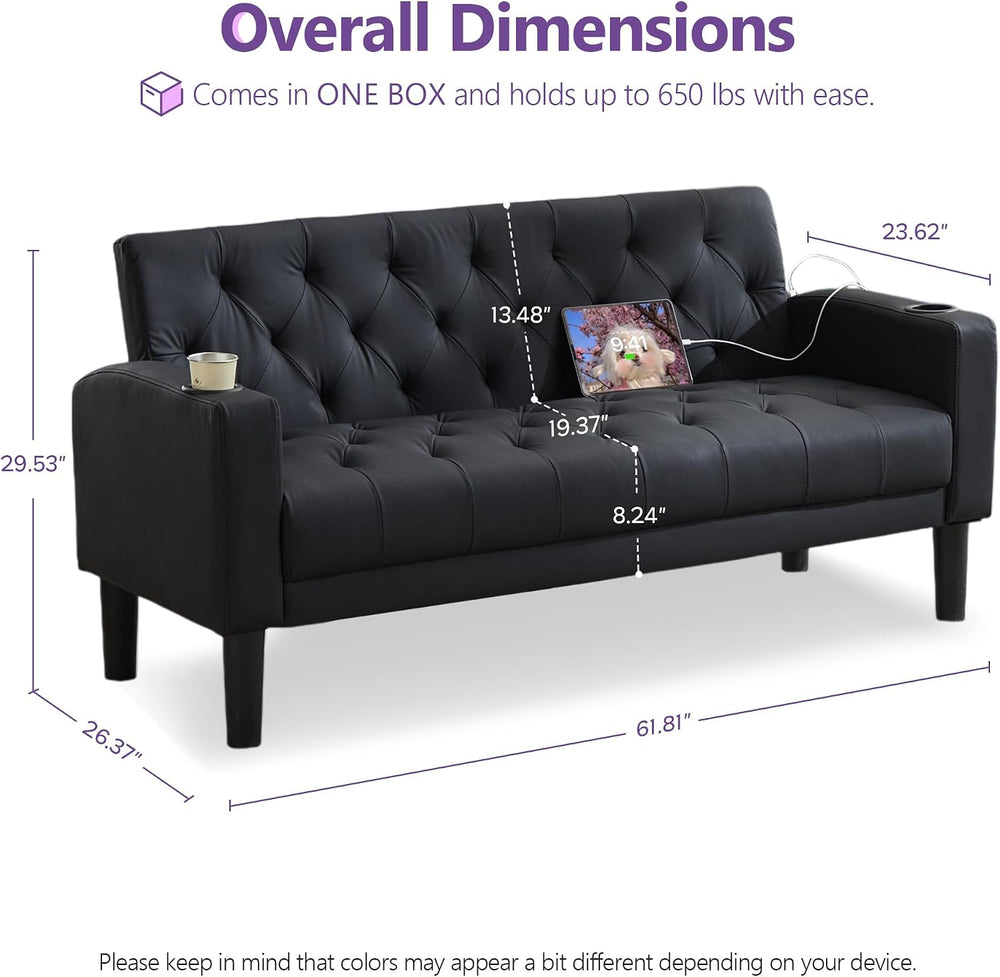 TYBOATLE 62'' Black Leather Loveseat, Small Couch with USB for Living...