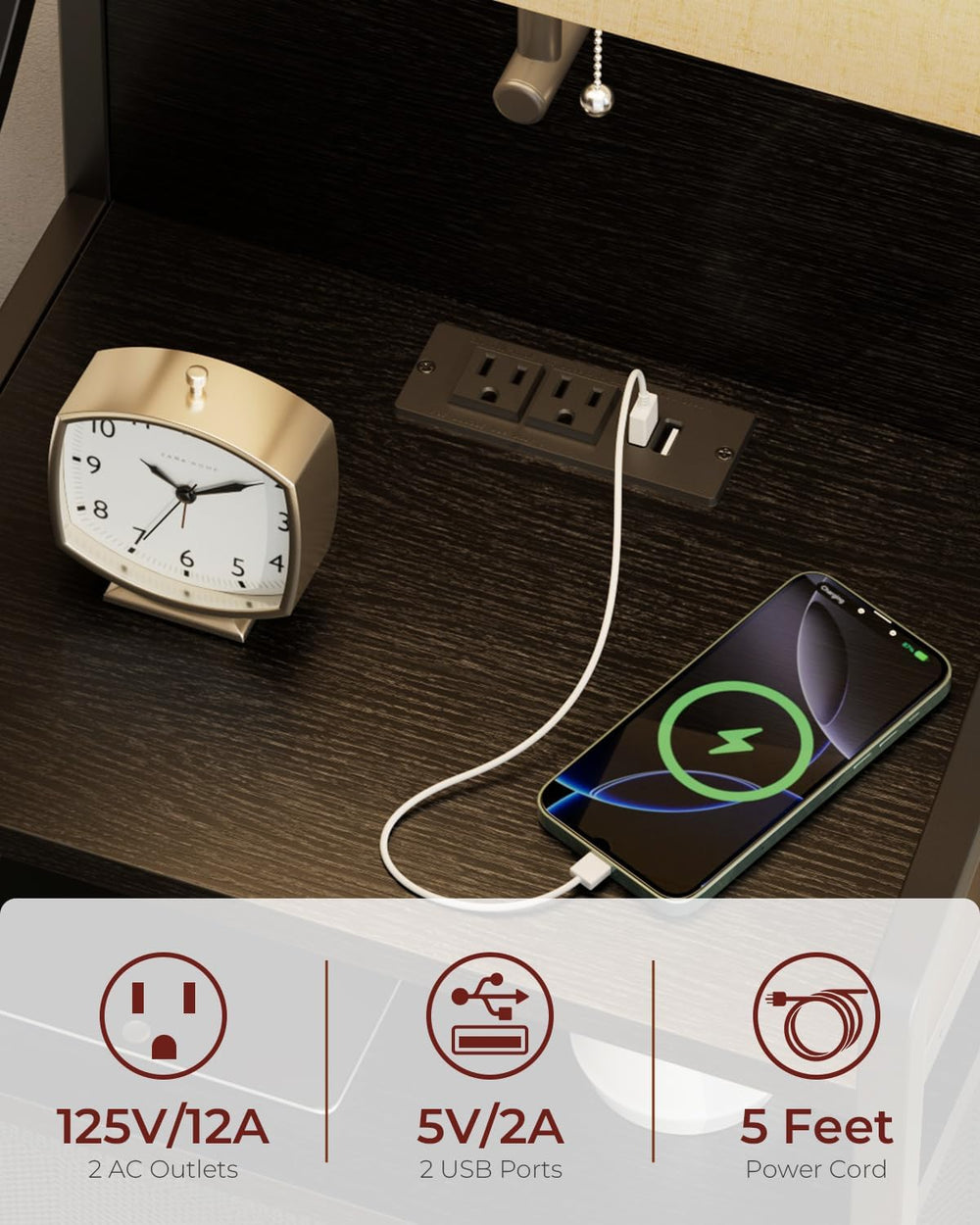 Evermagin 45" Tall Nightstands Set of 2 with Light & Charging Station