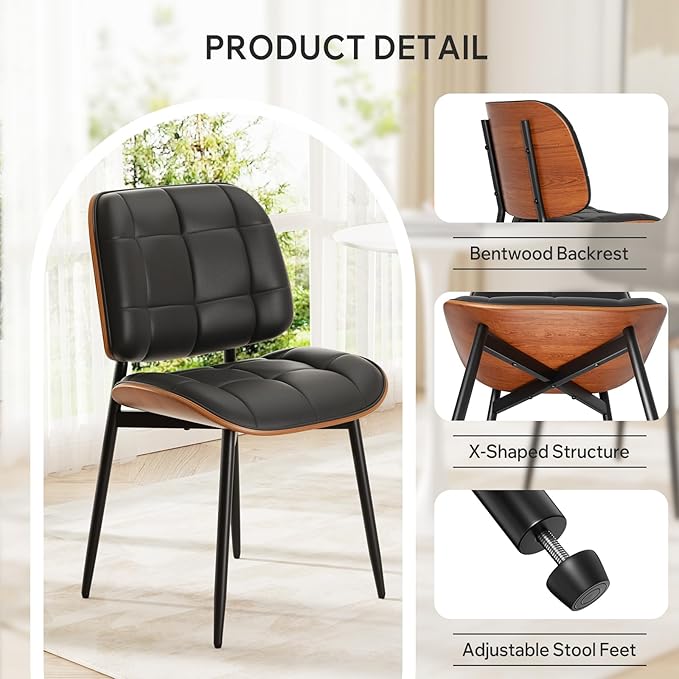 Dining Chair, Black Mid Century Modern Dining Room Chair, Upholstered Faux Le...