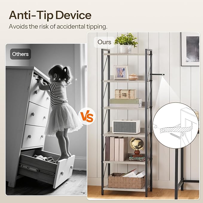 HOOBRO Bookshelf, 6-Tier Industrial Bookcase, Book Shelf Storage Organizer, T...