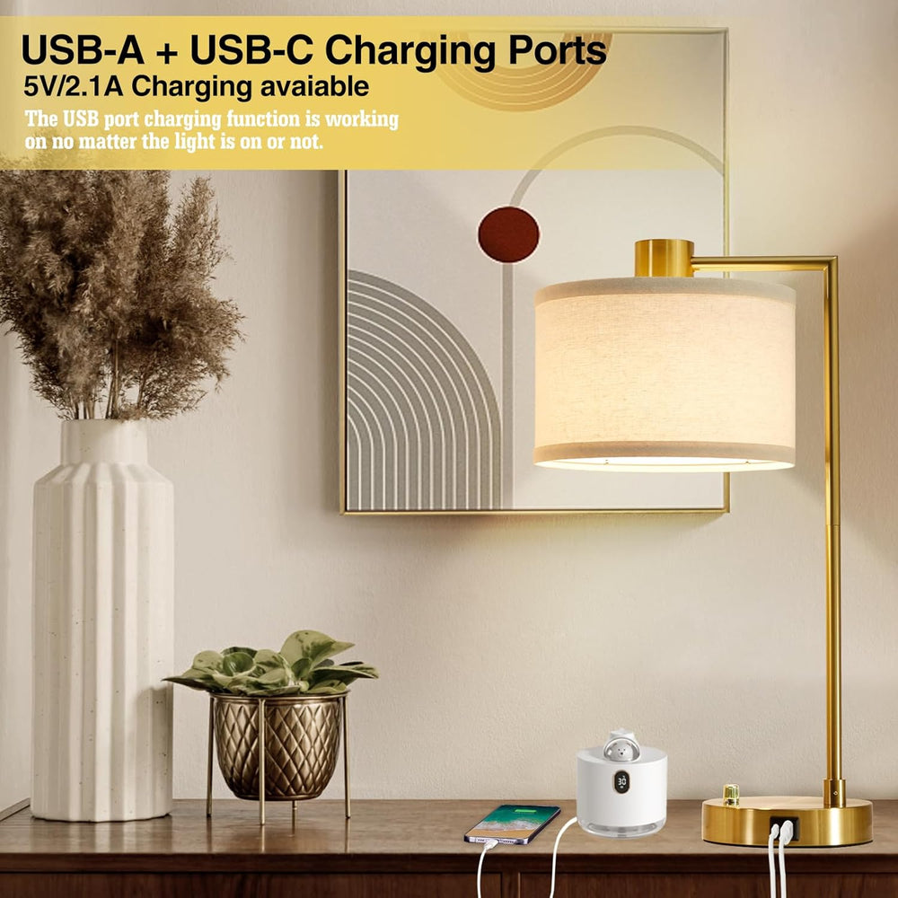 Gold Table Lamp Set of 2, Dimmable Bedside Lamps for Night Stands, USB A+C