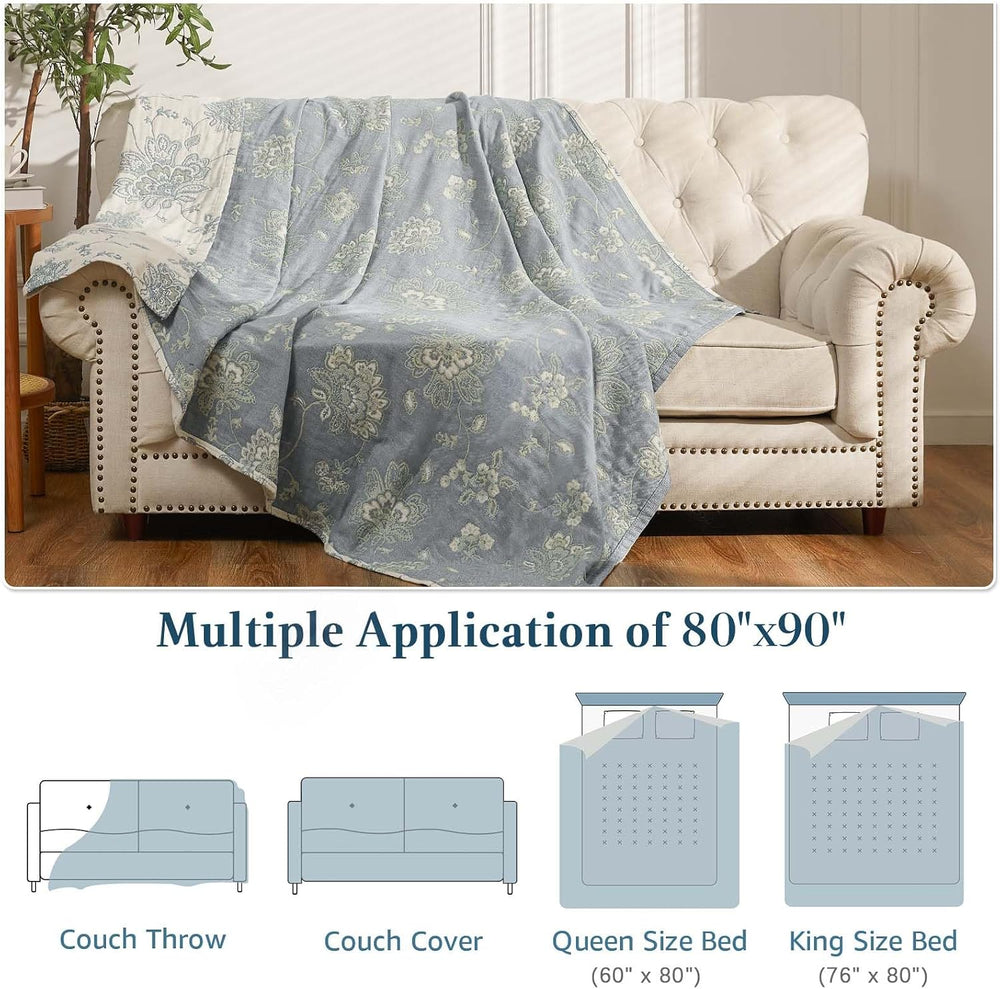 JINCHAN 100% Cotton Muslin Blanket Queen Boho Bed Blanket 80x90 Blue/White