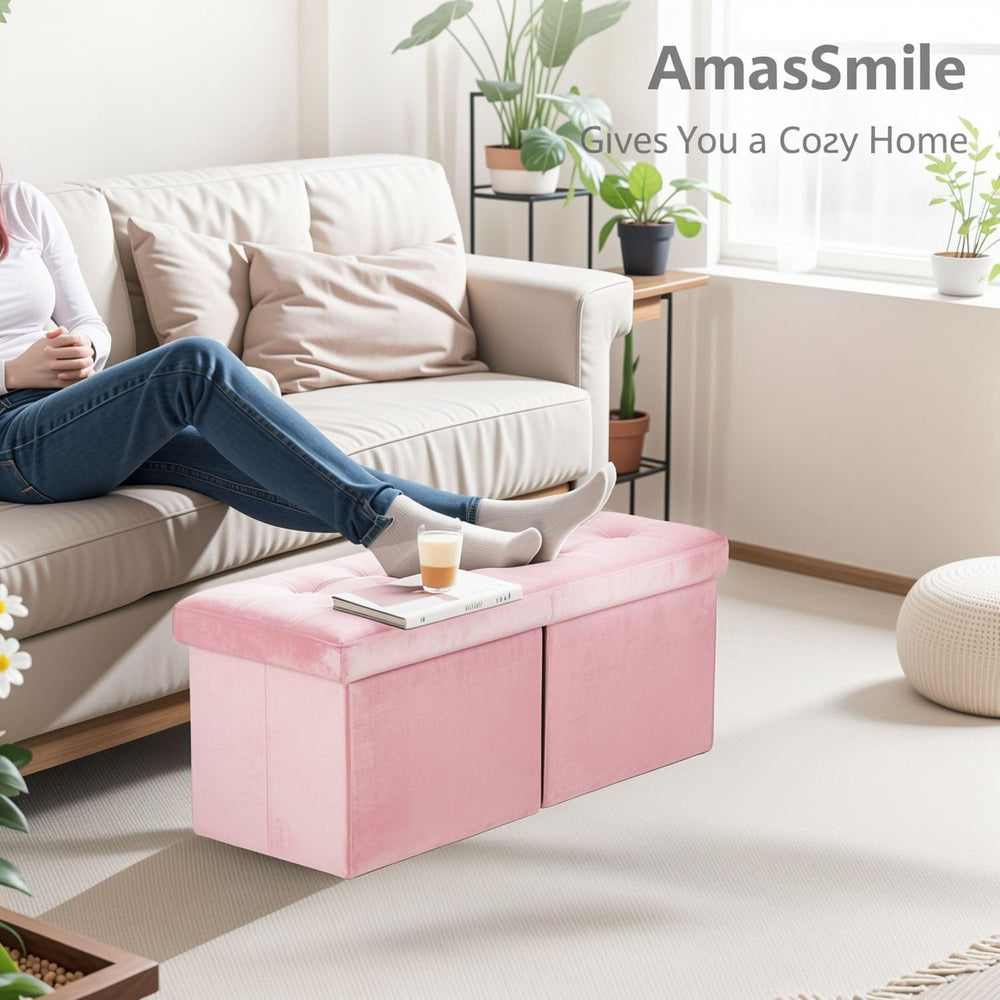 AmasSmile Footrest Ottoman Storage Bench,34" Velvet Folding Chest,Pink