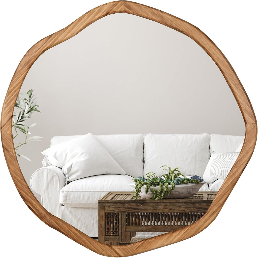 ULIKE Irregular Round Wood Mirror 30 Inch, Rustic Brown Wall Mirror