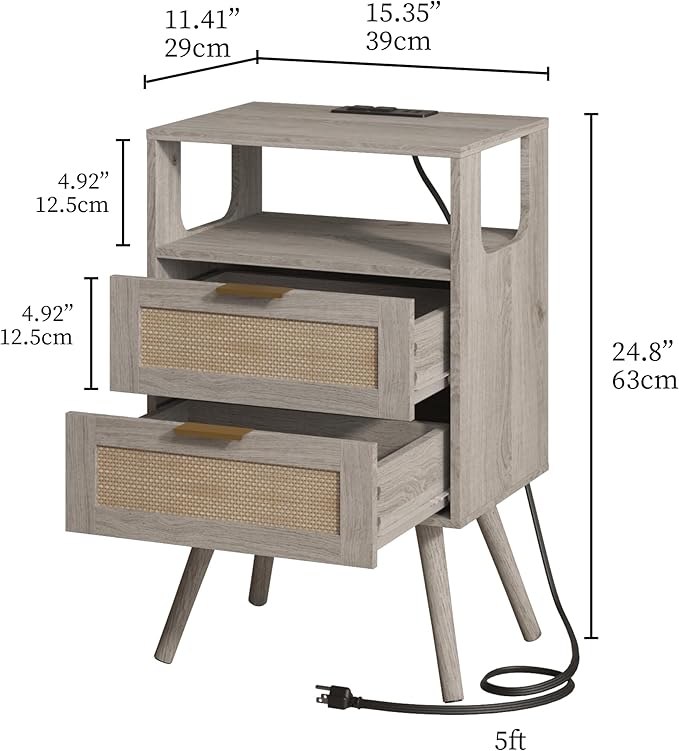 Rattan Nightstand with Charging Station,Farmhouse Bedside Table with 2 Storag...
