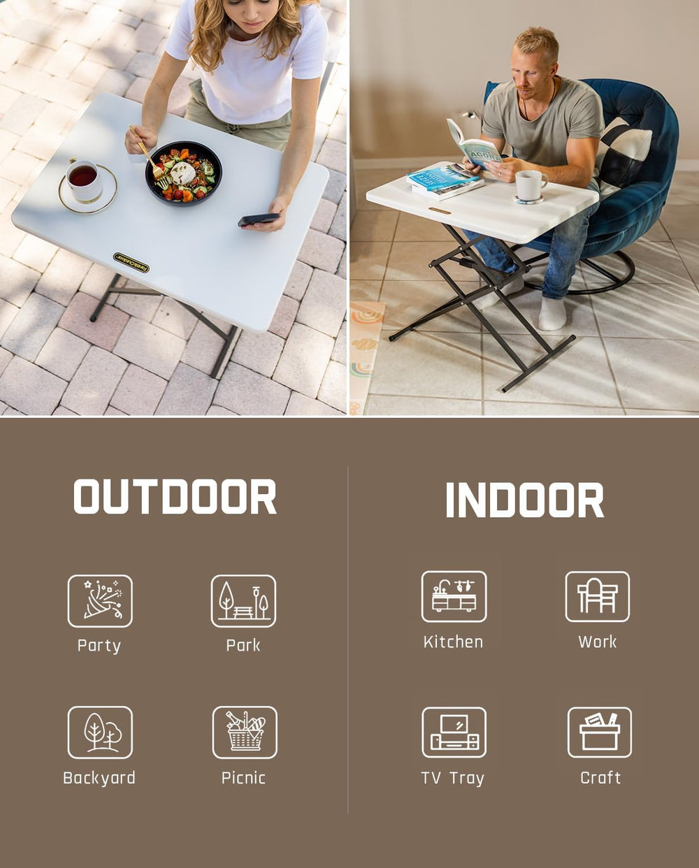 FanttikOutdoor Small Folding Table Quick Adjust 3 Heights, TV Tray, Dining