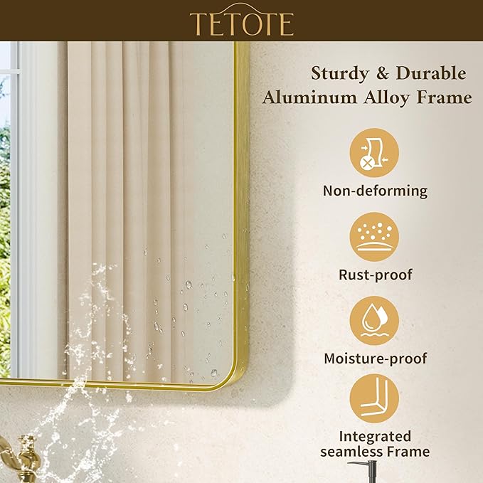 TETOTE Gold Mirror Bathroom 28 x 36 Brushed Gold Metal Framed Vanity Mirror, ...