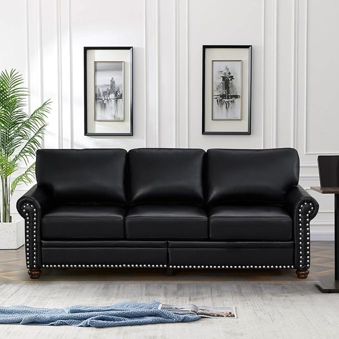 2 Piece Faux Leather Sofa Set,Modern Chair and Couch Sets with Storage,Mid Century Couch with Rivet Rolled Arm,Comfy Deep Seat Sofa,Furniture for Living Room,Office(Armchair+3 Seater,Black)