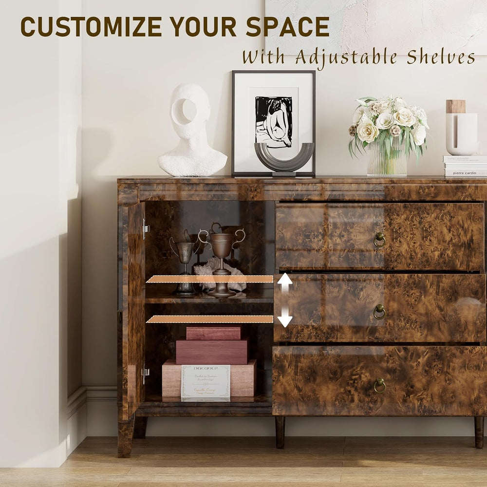 60" Glossy Burl Wood Sideboard Buffet with Storage