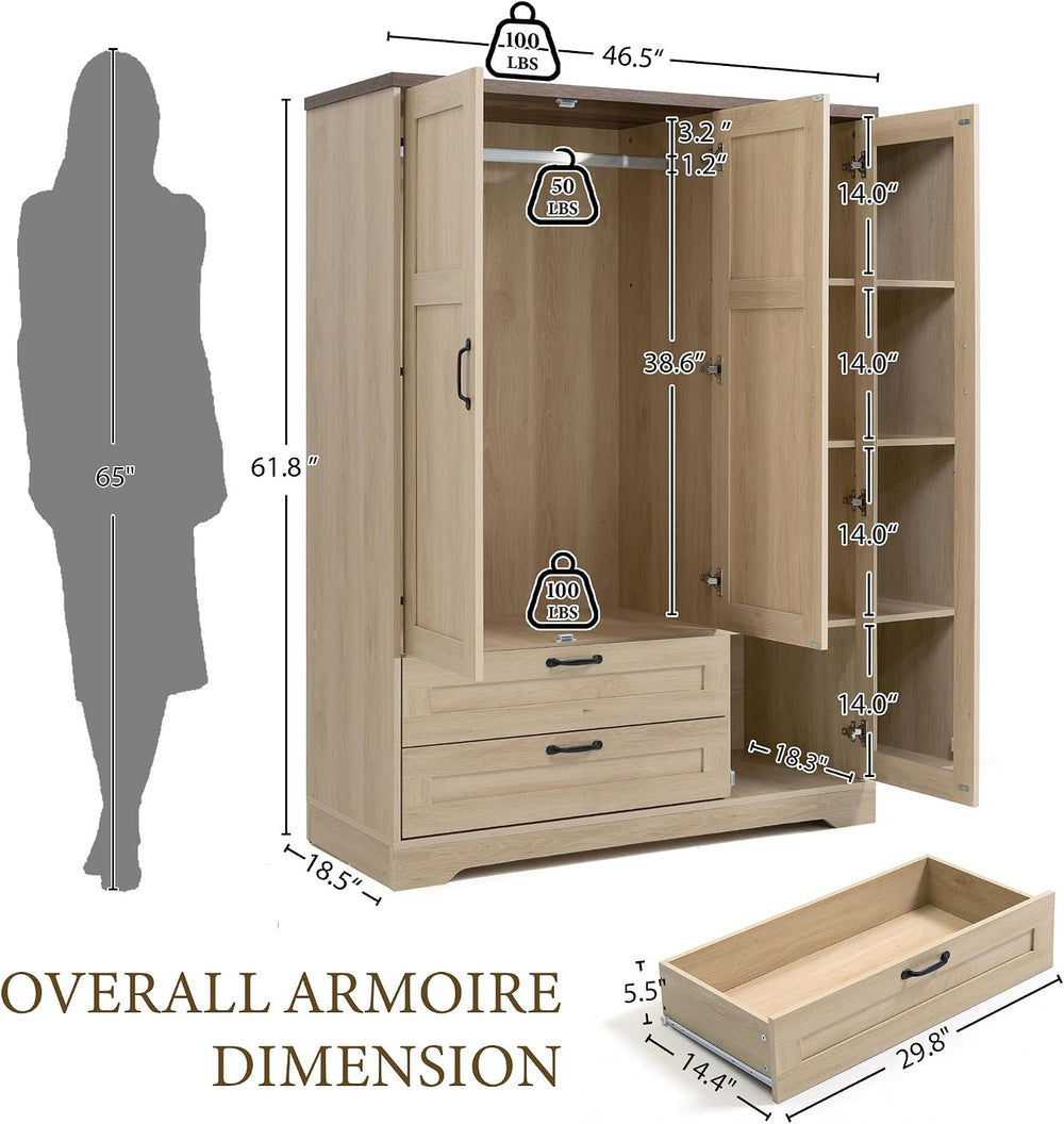 Brafab 62" Wooden Armoire Wardrobe Closet with Mirror, Natural, 3 Doors