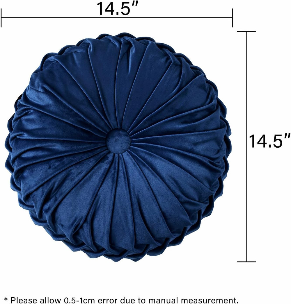 HIG Set of 2 Navy Velvet Decorative Round Pleated Throw Pillows