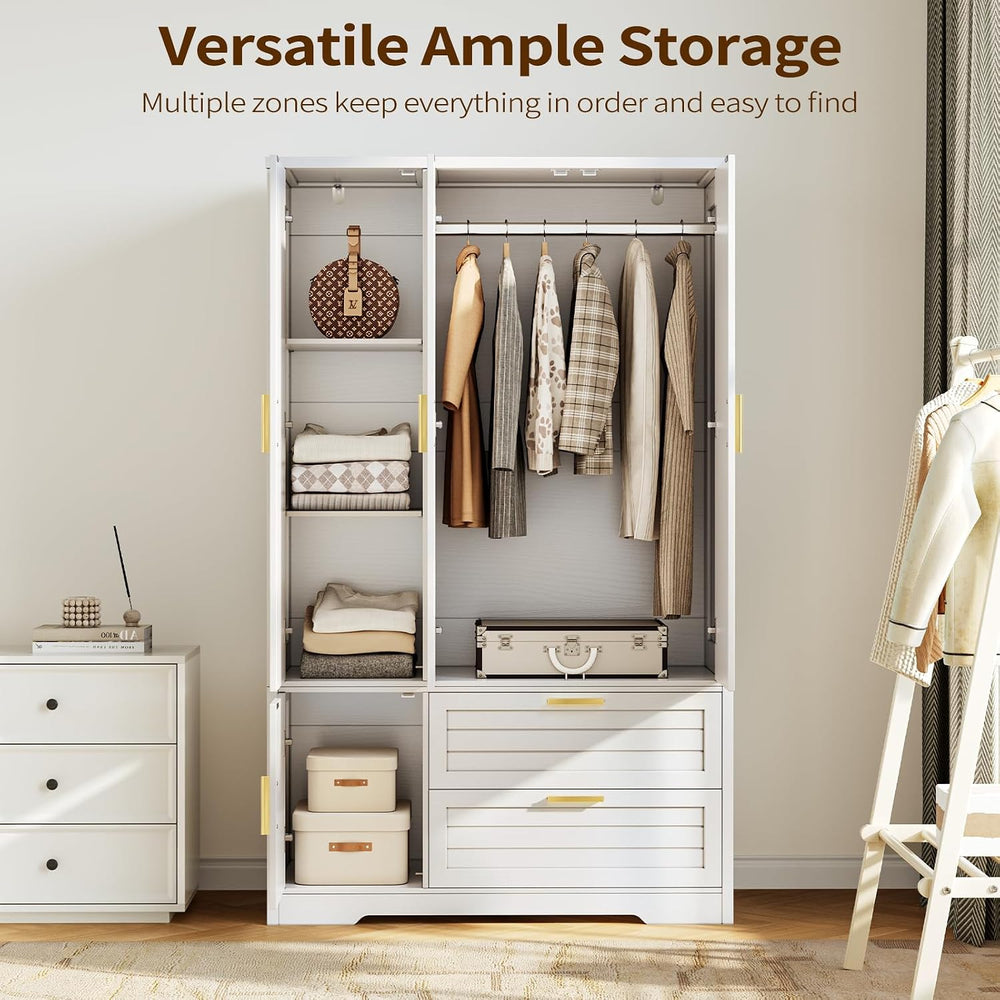 Armoire Wardrobe Closet with Mirror - 71“ Wood Clothing Storage Cabinet, Ward...