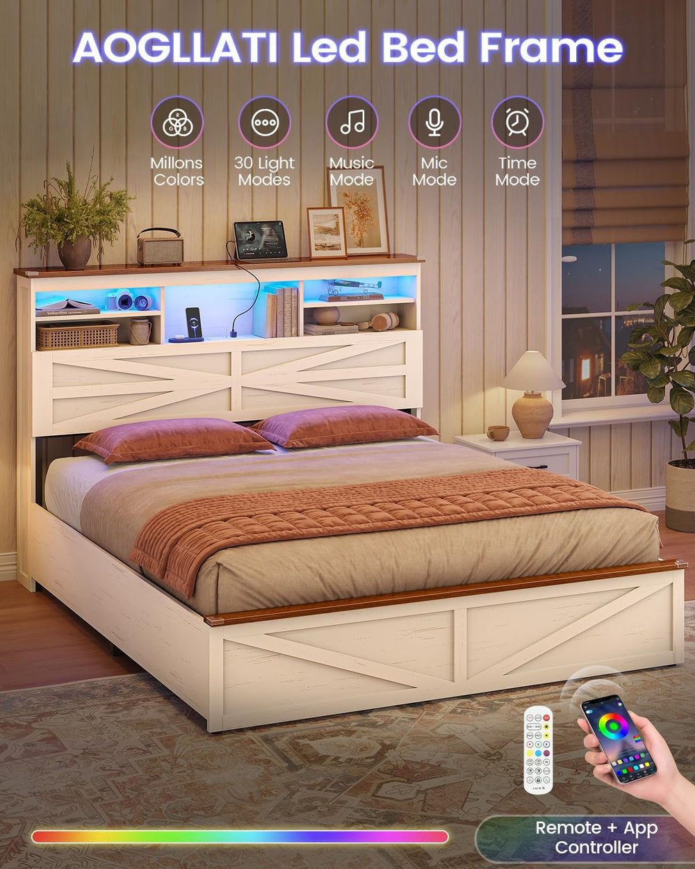 AOGLLATI Farmhouse Full Size Bed Frame with Lift Up Storage,Antique White